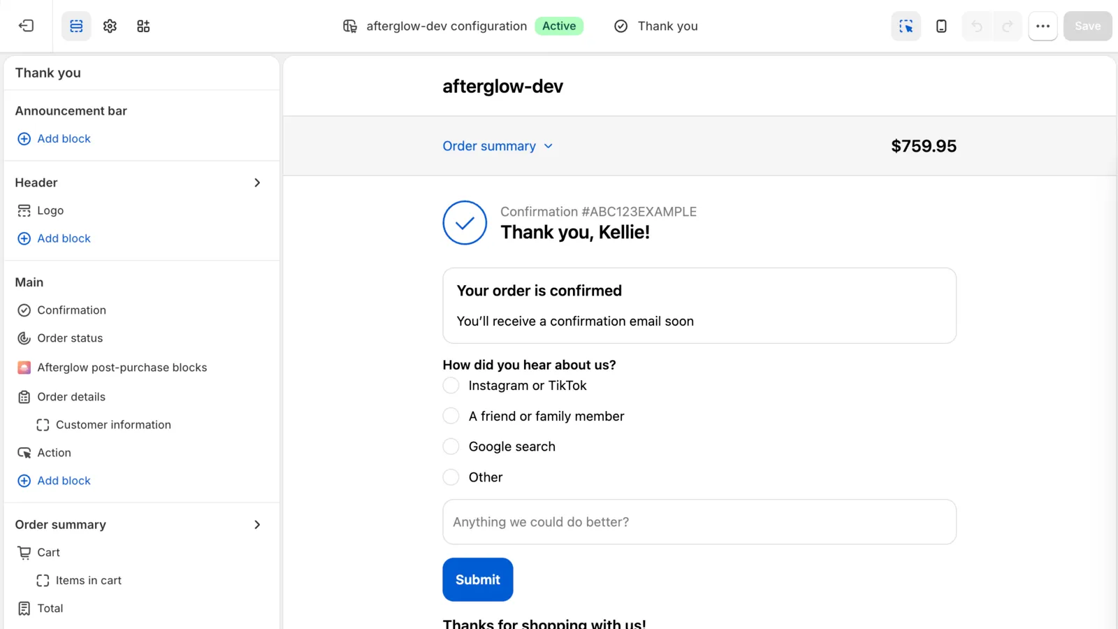 Thank you page preview in Shopify’s checkout editor with a survey block added