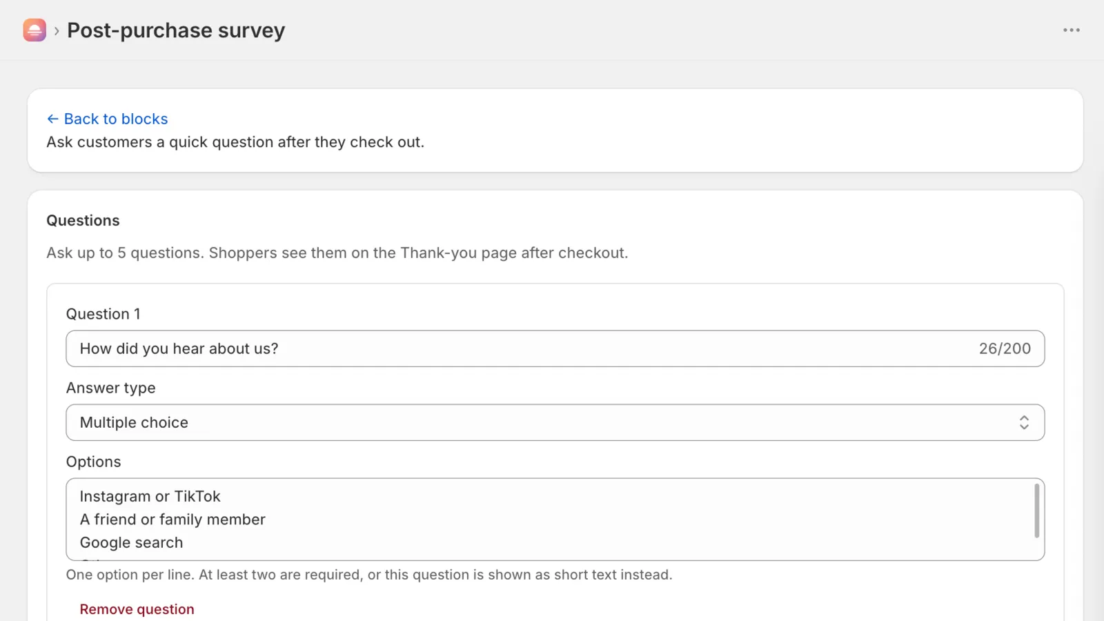 The Afterglow survey question editor, with answer type and options